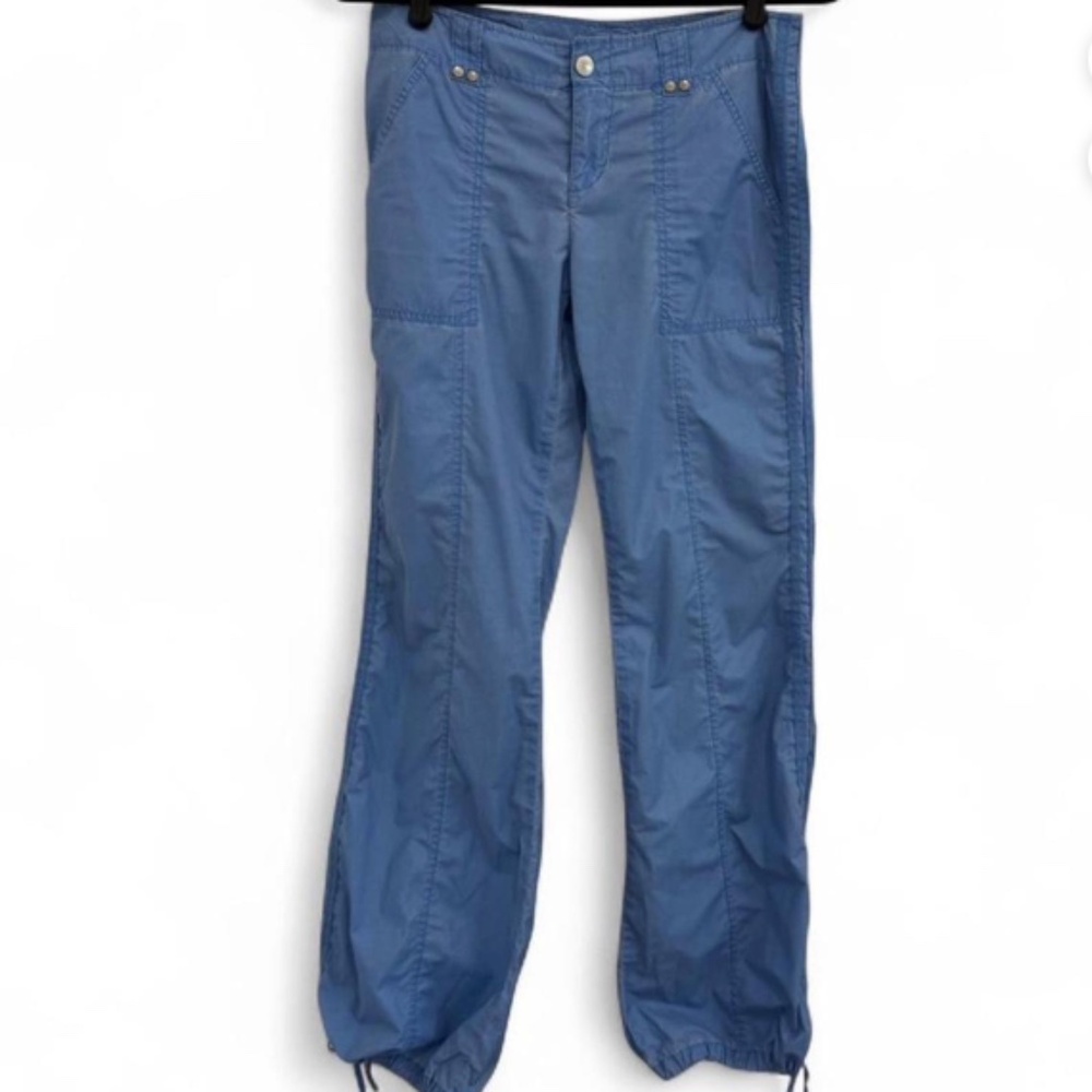 Blue low-waisted Express flared drawstring pants